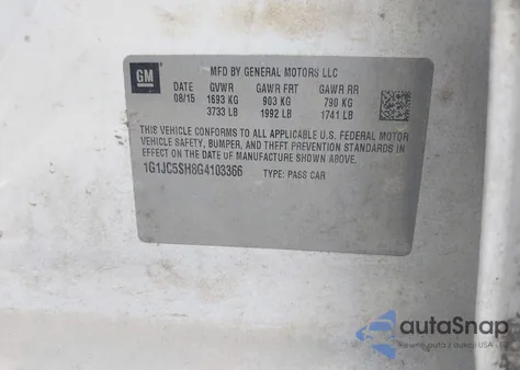 2016 Chevrolet Sonic Lt Auto из США, поврежденный, VIN 1G1JC5SH8G4103366